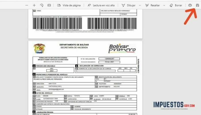 cómo descargar el recibo del impuesto vehicular en Bolívar